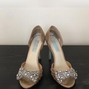 Elegant Tan Peep-Toe Heels with Rhinestone Detail